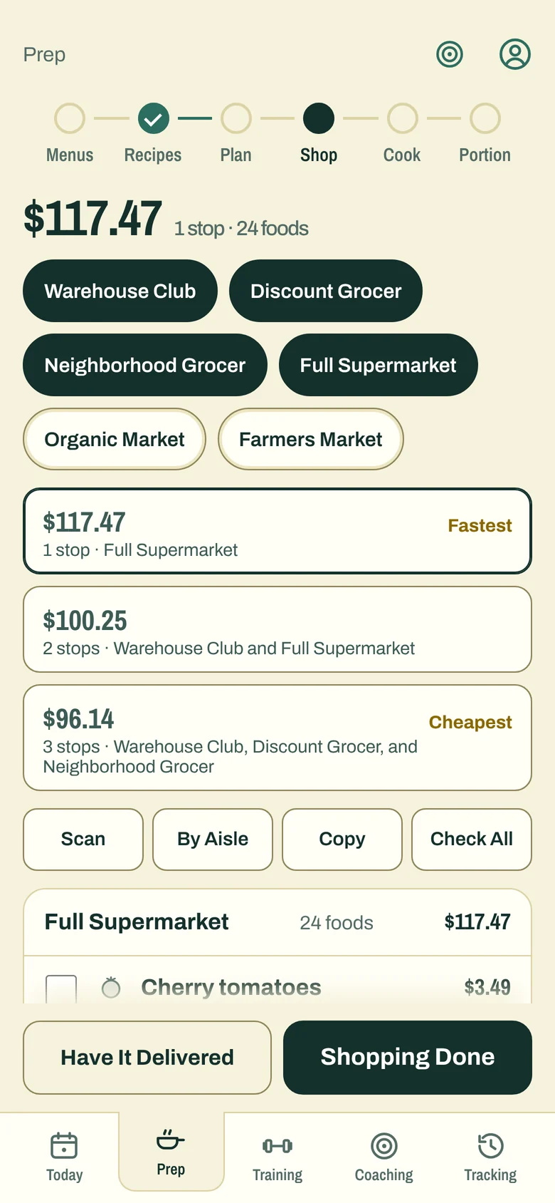 The Shop screen: one stop at a full supermarket for $117.47, two stops for $100.25, three stops for $96.14
